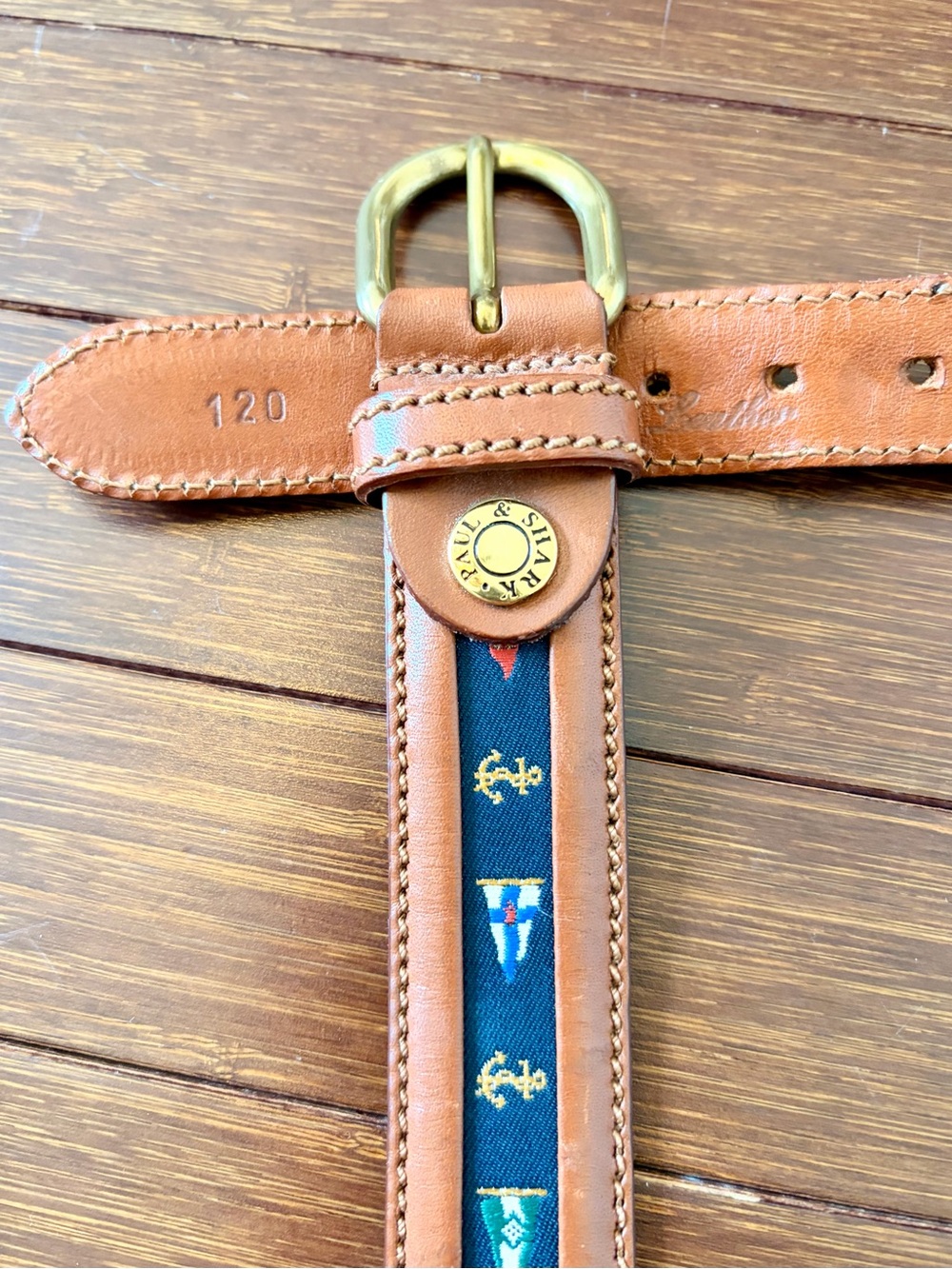 Paul & Shark nautical flag ribbon belt tan leather finish solid Brass 120C 46in